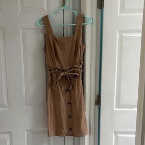 Sleeveless Tan Button-Front Midi Dress with Tie Waist
